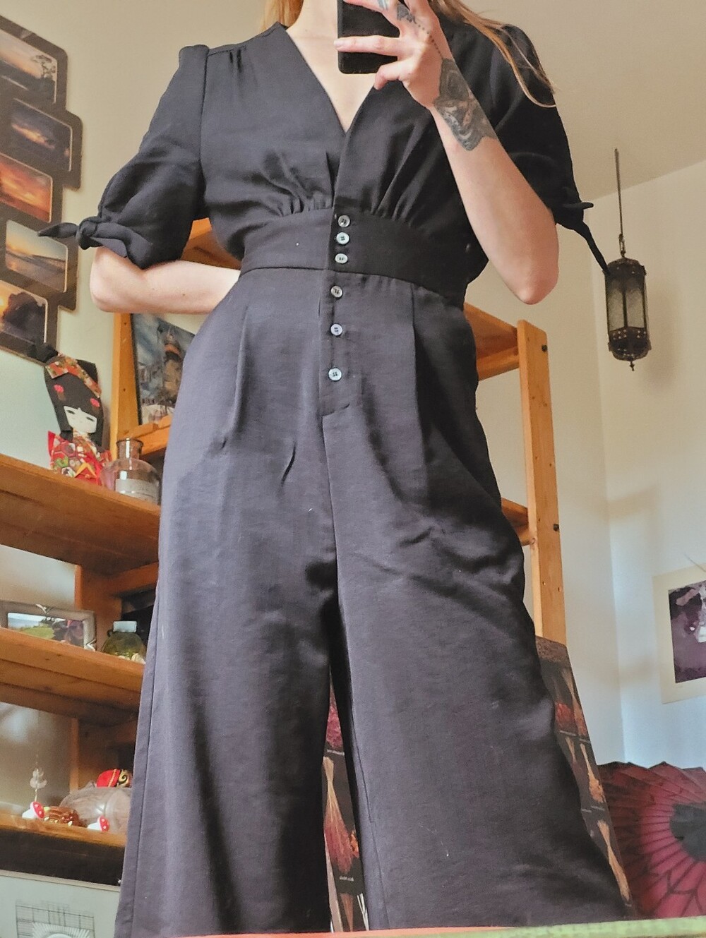 FRNCH Paris Black Short Wrap Bow Sleeve Button-Front Jumpsuit - Size L - Picture 2 of 9